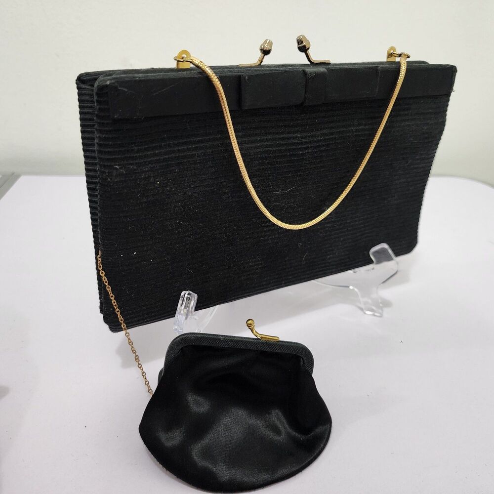 Vintage Black Fabric Evening Bag Cutch Gold-tone Frame Attached Coin Purse 9"x5"